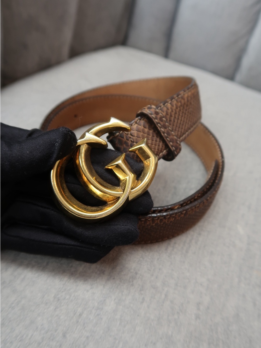 Gucci Brown Leather Belt with Gold Double G Buckle Size 85 Women